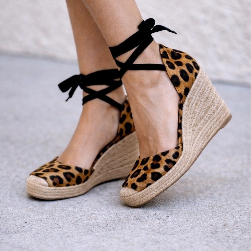 J. Crew Leopard Calf Hair Espadrilles Lace Up Ankle Tie Wedge Women's Size 6